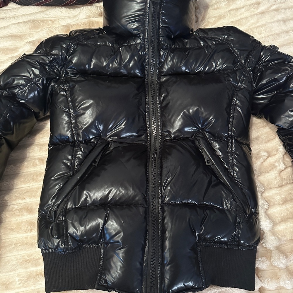 New SAM. Nikki Quilted Down Puffer Lamb Shearling Trim Glossy Black Coat Size S - Picture 5 of 16